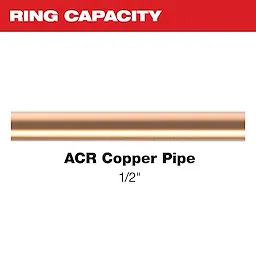 The image features a 1/2 inch Streamline® ACR Pivoting Press Ring, showcasing its ring capacity. The ring is suitable for ACR copper pipes with a diameter of 1/2 inch.