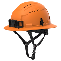 BOLT™ Orange Full Brim Vented Safety Helmet – Type 2, Class C. The bright orange helmet features a full brim design, multiple ventilation openings, adjustable chin strap, and an accessory mount on the front. Designed for optimal safety and comfort in various work environments.