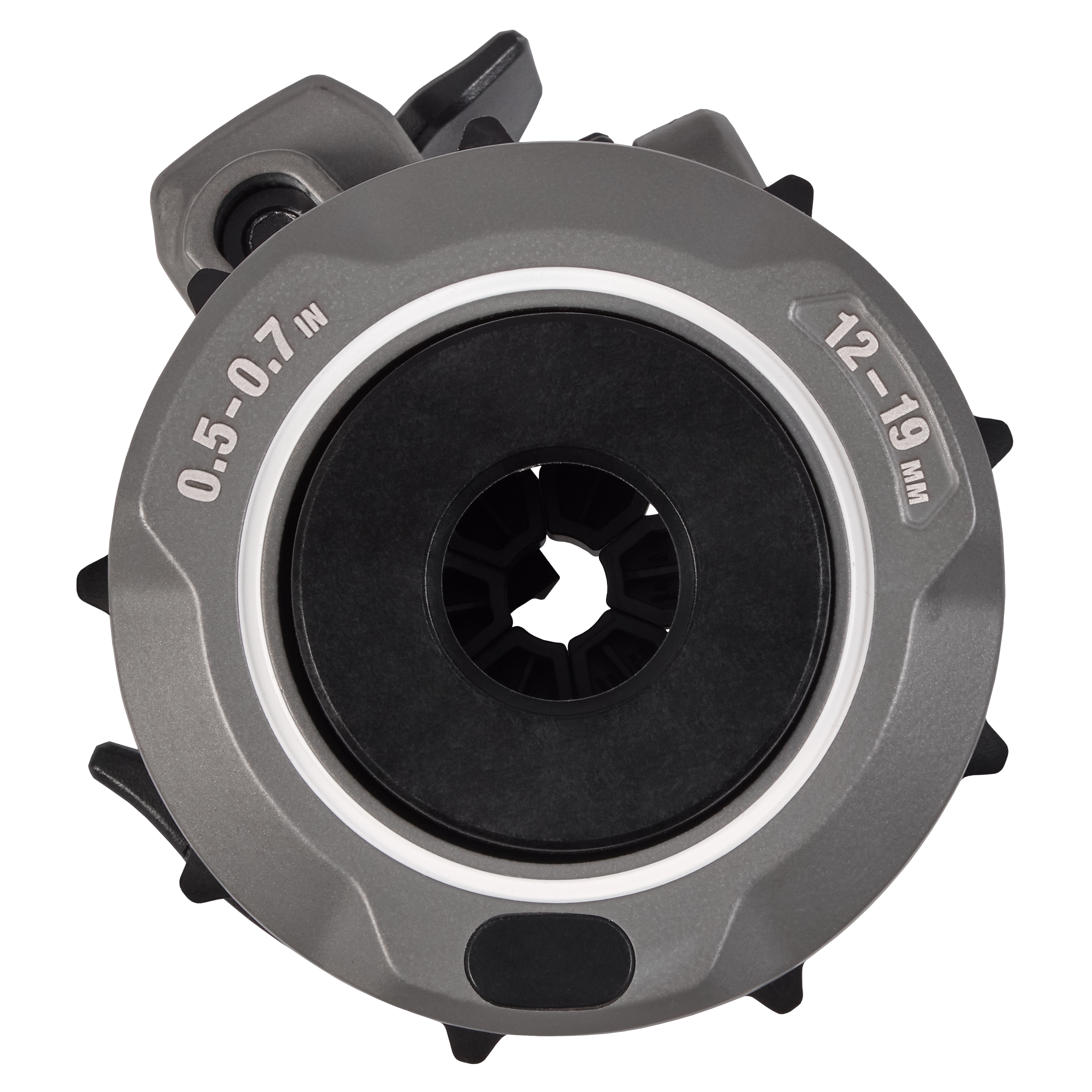 The image is of a 0.5"-0.7" Adjustable Bushing for M18 FUEL™ Covered Conductor Cable Stripper. The bushing is grey with black inner components, marked with the measurement range 12-19 mm.
