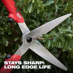 10” Hedge Shears​ with red handles cutting green shrub branches, text reads STAYS SHARP: LONG EDGE LIFE.