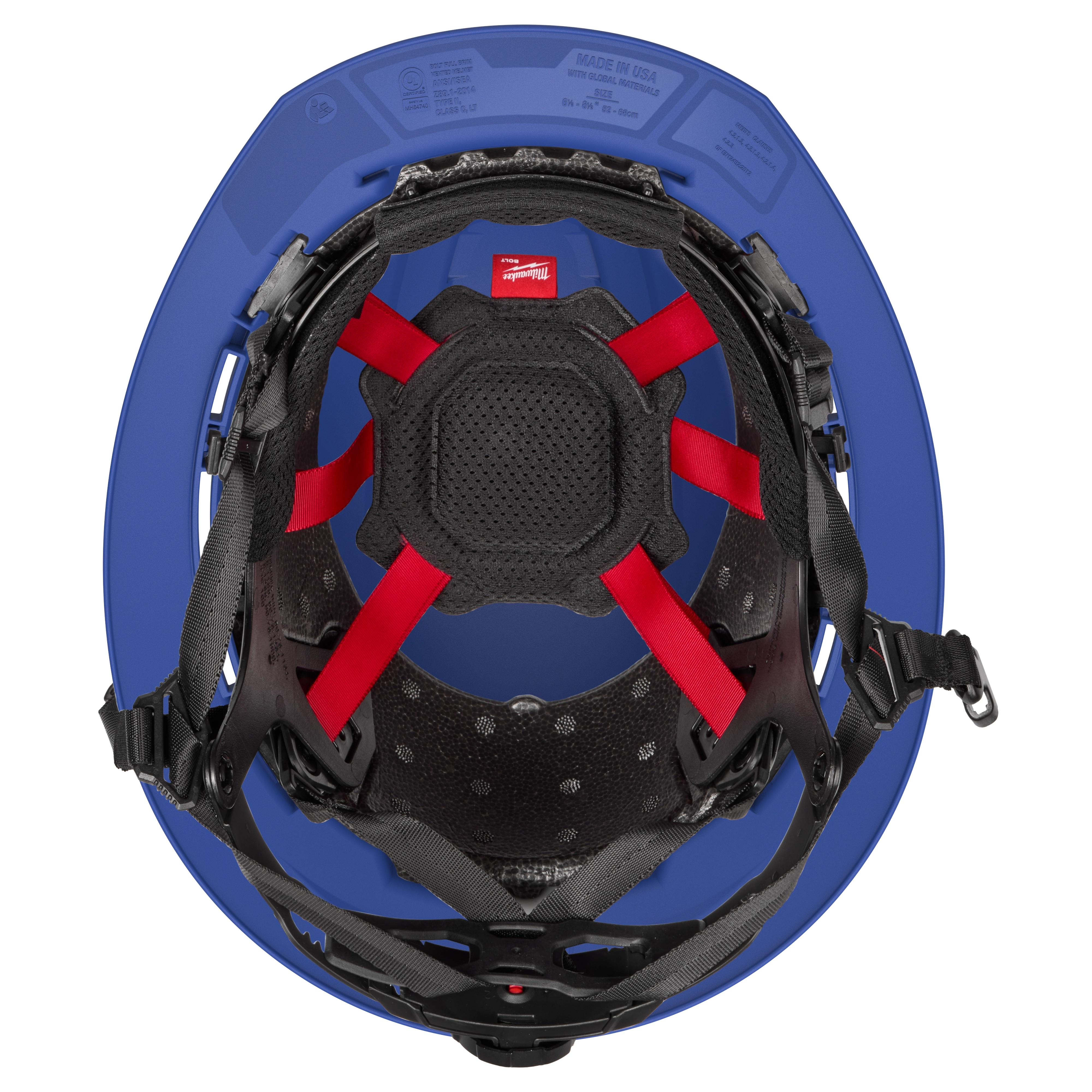 BOLT™ Blue Full Brim Vented Safety Helmet – Type 2, Class C shown from above, displaying the interior with black and red padding, adjustable straps, and ventilation holes.