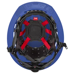 BOLT™ Blue Full Brim Vented Safety Helmet – Type 2, Class C shown from above, displaying the interior with black and red padding, adjustable straps, and ventilation holes.