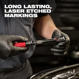 A mechanic wearing black gloves holds a 1/4” Drive Click Torque Wrench (40-200 in·lbf). Text on image reads "Long Lasting, Laser Etched Markings."