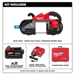 The image shows the M18 FUEL™ Dual Trigger Deep Cut Band Saw kit, which includes the band saw, two M18™ REDLITHIUM™ XC5.0 batteries, an M18™ and M12™ rapid charger, a carrying case, and one band saw blade.