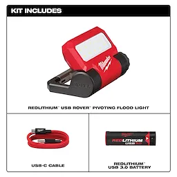 Redlithium USB Rover Pivoting Flood Light Kit includes a flood light, USB-C cable, and Redlithium USB 3.0 battery.