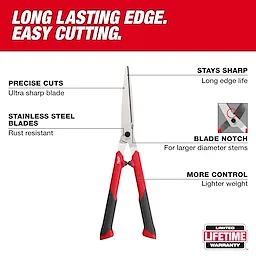 10” Hedge Shears with stainless steel blades and red and black handles centered on a red and white text background.