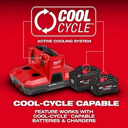 M18 & M12 Four Bay Simultaneous Super Charger w/ PACKOUT Compatibility with two compatible batteries on a red background.