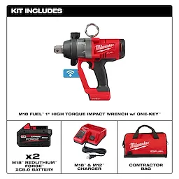 Image shows the contents of the "M18 FUEL™ 1\" High Torque Impact Wrench w/ ONE-KEY™" kit. It includes the impact wrench, two M18™ REDLITHIUM™ FORGE™ XC8.0 batteries, an M18™ & M12™ battery charger, and a red contractor bag.