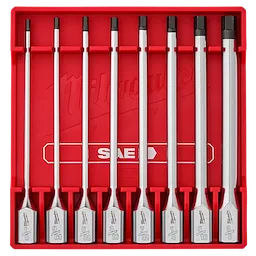 8pc 3/8” Drive Long Hex Bit Socket Set - SAE includes eight sockets of various sizes, organized in a red plastic tray. The sizes range from 1/8 to 3/8 inch.