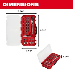 44pc. 1/4” Hex Drive Mini Flex Head Ratchet & Bit Set in a red case with labeled length, width, and height dimensions.