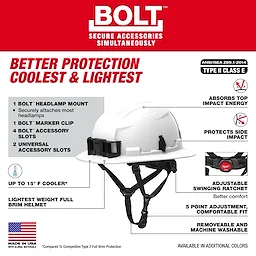 BOLT™ Full Brim Safety Helmet – Type 2, Class E offers better protection, coolness, and light weight. Features include headlamp mount, marker clip, accessory slots, impact absorption, comfortable fit, and adjustable ratchet. Weather-resistant and machine washable. Made in USA with global materials. Available in additional colors.