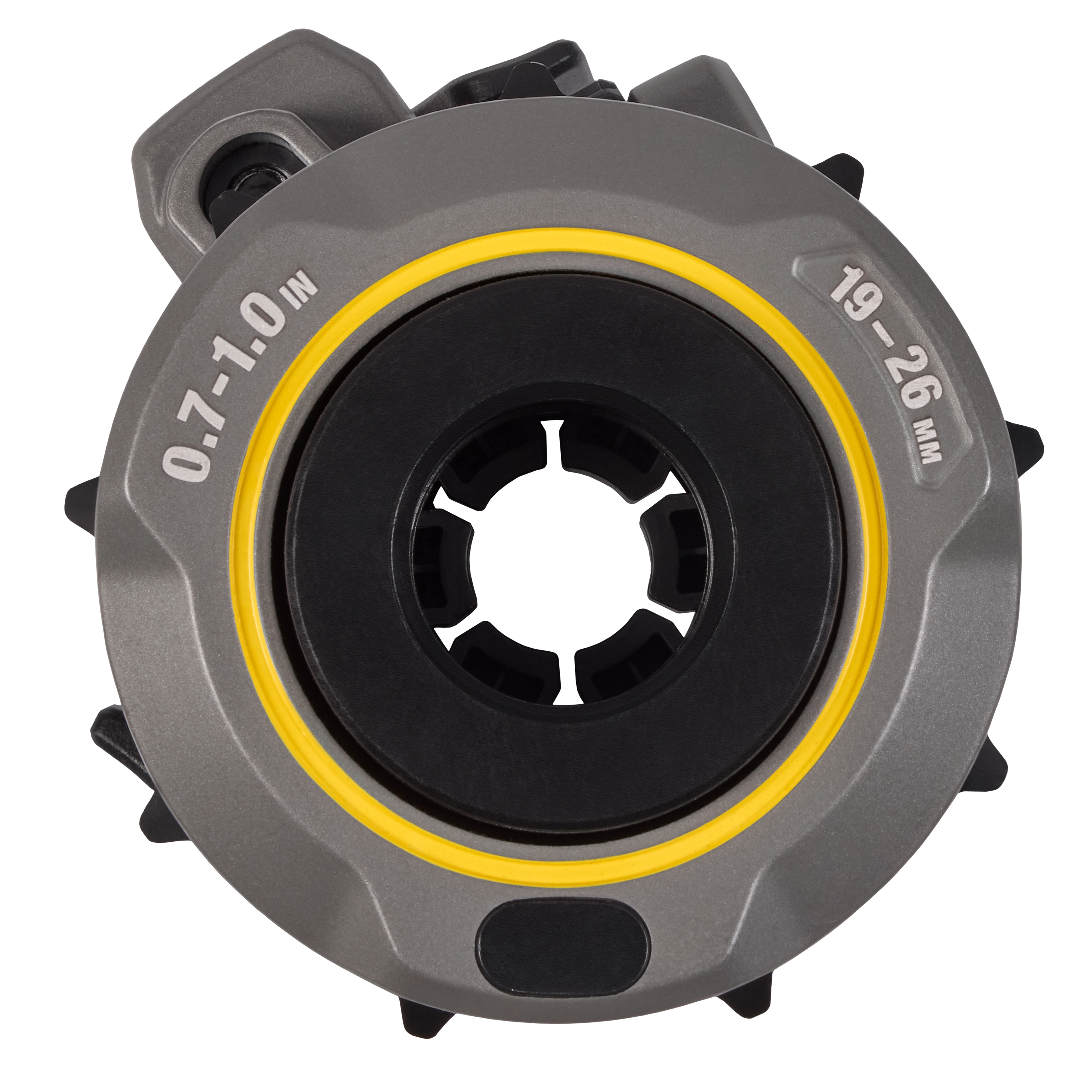 0.7"-1" Adjustable Bushing for M18 FUEL™ Covered Conductor Cable Stripper is a silver and black circular tool with a yellow ring. It is labeled with measurement markers, 0.7"-1.0" and 19-26 mm, indicating its adjustable range for conductor cable stripping.