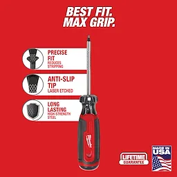 %231 Square 3" Cushion Grip Screwdriver (USA) features precise fit reducing stripping, anti-slip laser etched tip, and long-lasting high-strength steel. Red and black handle with lifetime guarantee logo and Made in USA insignia. Background is red with white text "Best Fit. Max Grip."