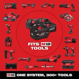 Milwaukee M18 system featuring multiple M18 REDLITHIUM batteries, surrounded by various M18 cordless tools including drills, saws, lights, and vacuums. The image highlights the compatibility of M18 batteries with over 300 tools. Text reads, “FITS M18 TOOLS” and “ONE SYSTEM, 300+ TOOLS.”