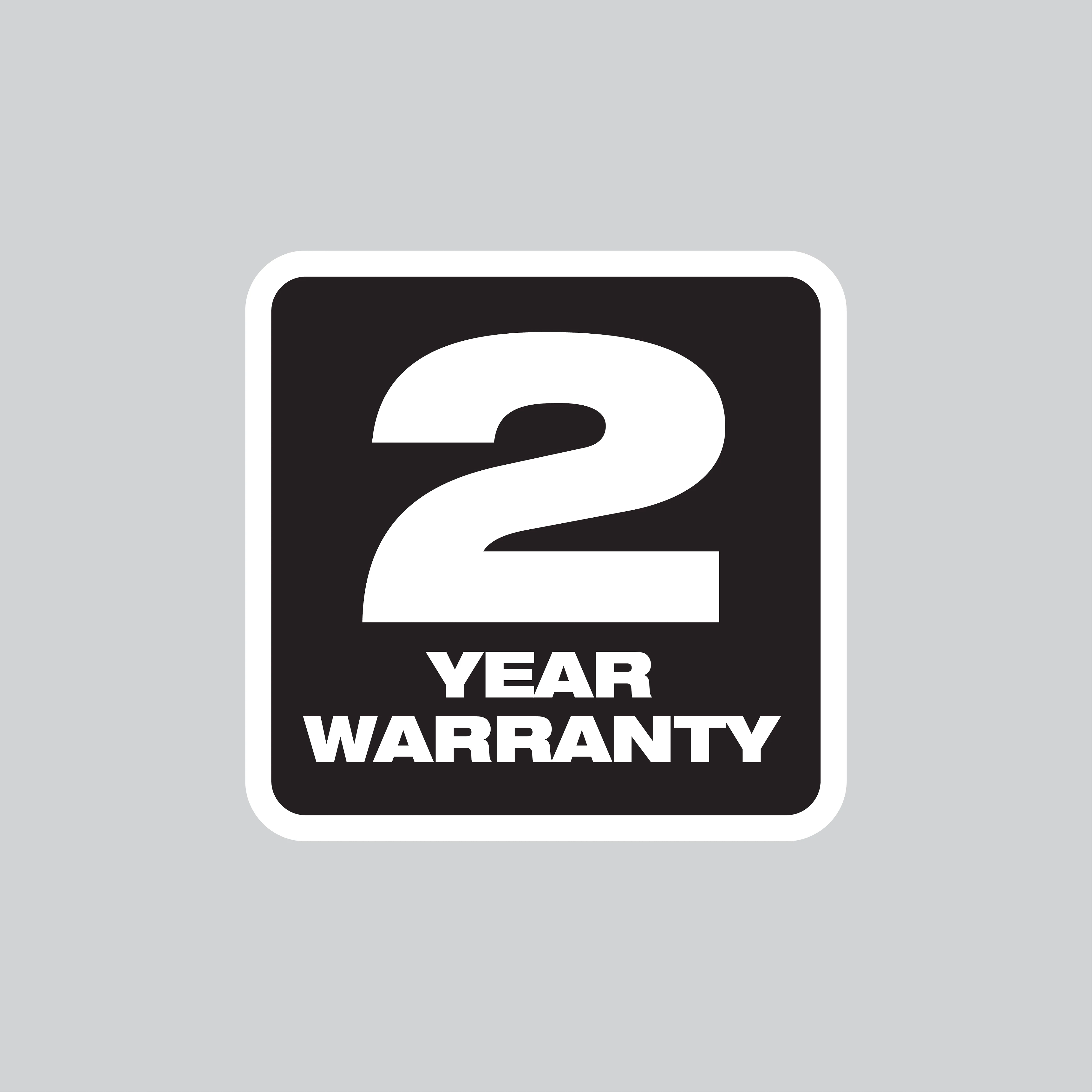 The image displays a black square with rounded corners, containing the text "2 Year Warranty" in white bold letters.