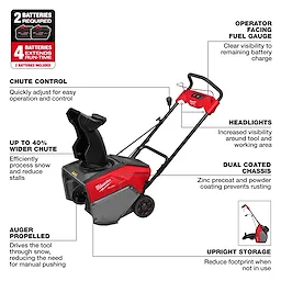The M18 FUEL™ 21" Auger Propelled Dual Battery Single Stage Snow Blower features a chute control, wide chute, operator-facing fuel gauge, headlights, and dual coated chassis. It is auger propelled for efficient snow removal and can be stored upright. Two batteries are required and two more can extend runtime.

