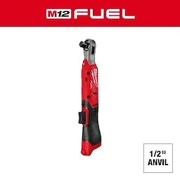The M12 FUEL™ 1/2" Ratchet is a red, cordless power tool with a black textured grip. It has a 1/2-inch anvil and compact design, making it ideal for tight spaces. The product branding appears in the upper left corner.