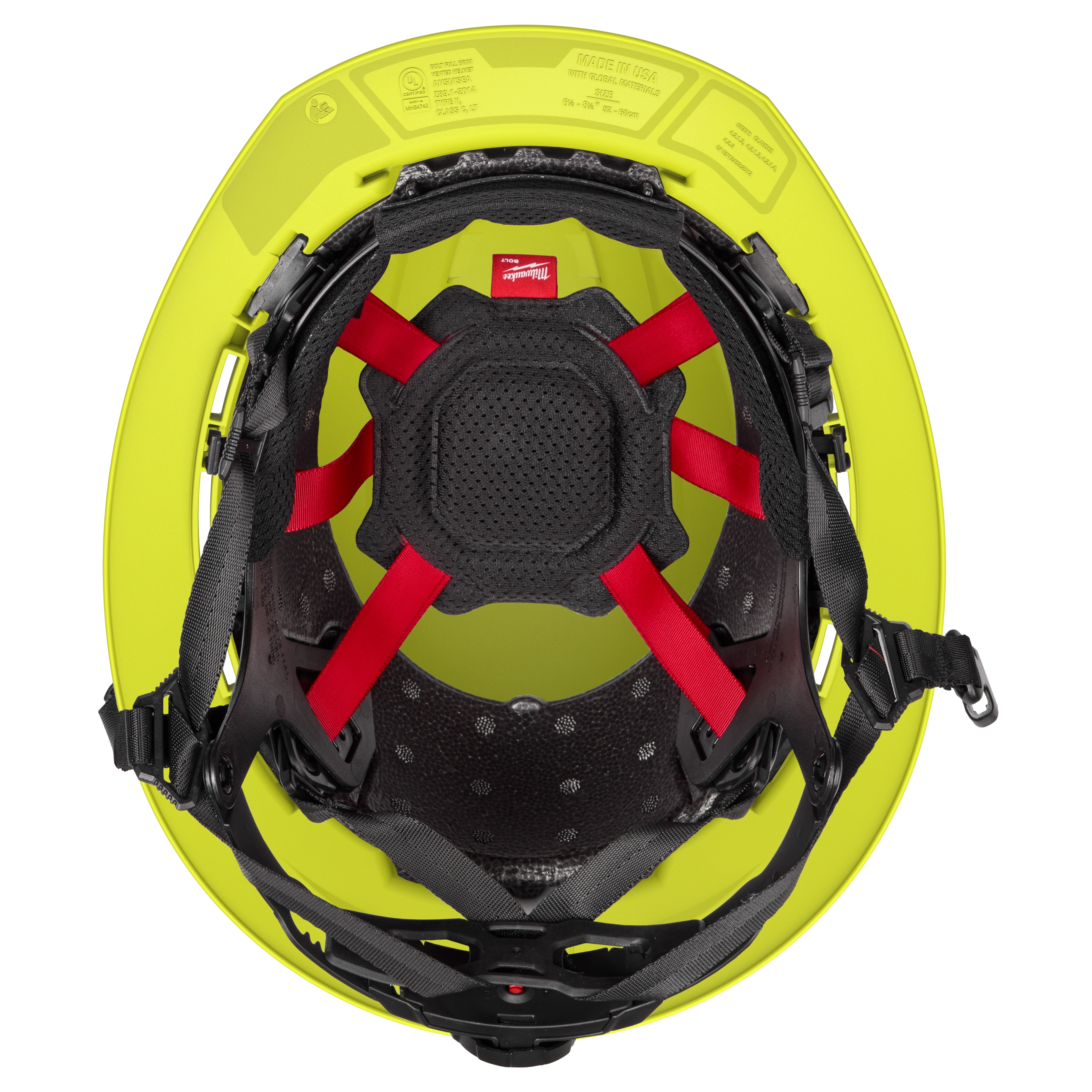 The BOLT™ High Visibility Green Full Brim Vented Safety Helmet – Type 2, Class C, is shown from the interior, displaying red and black padding and adjustable suspension system for secure fitting.