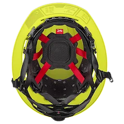 The BOLT™ High Visibility Green Full Brim Vented Safety Helmet – Type 2, Class C, is shown from the interior, displaying red and black padding and adjustable suspension system for secure fitting.