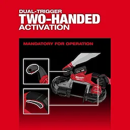 Image of an M18 FUEL™ Dual Trigger Deep Cut Band Saw with emphasis on dual-trigger two-handed activation. The image demonstrates the mandatory use of both hands for operation, with close-ups of the trigger buttons. The background features bold red and black colors with white text.