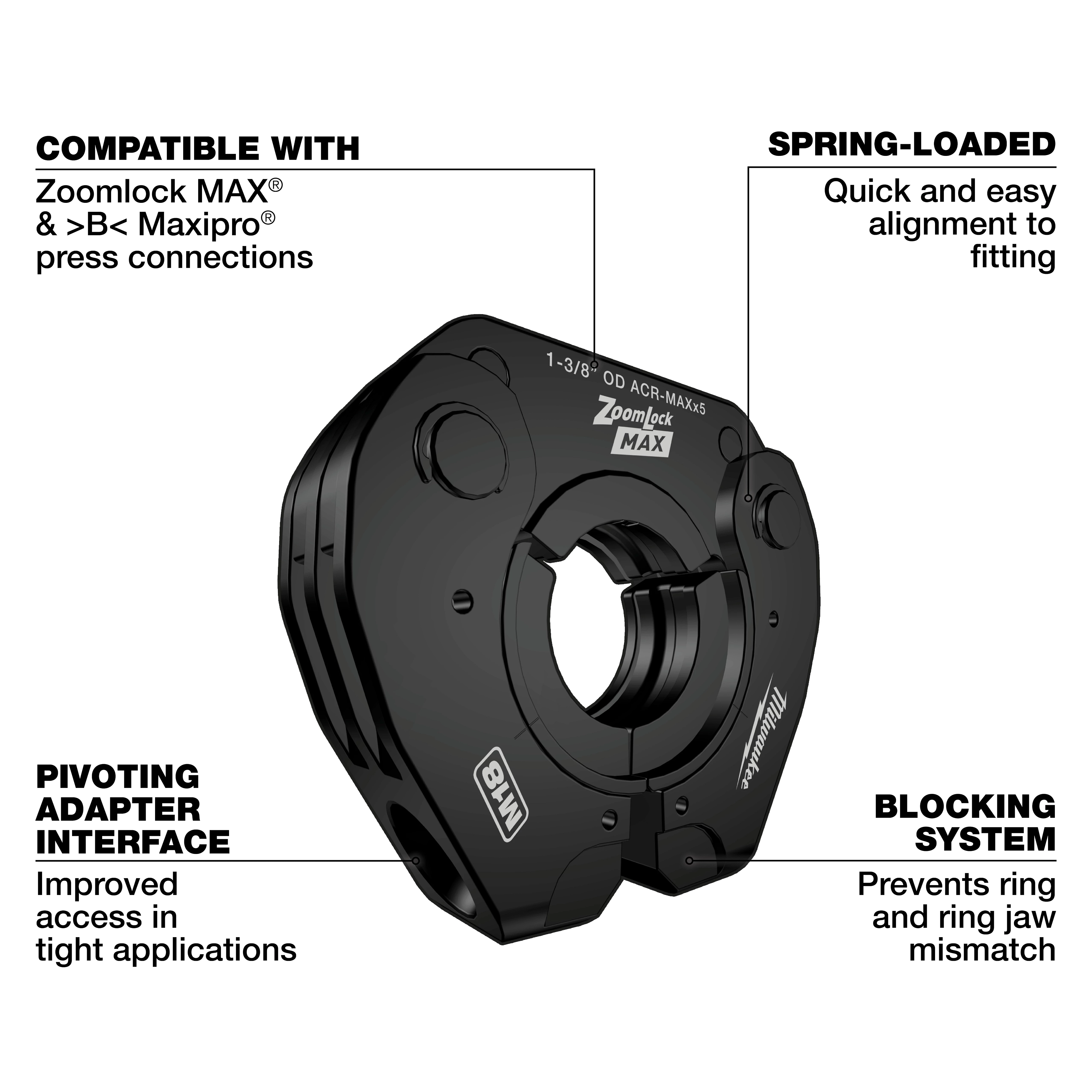 ZoomLock MAX® & >B< MaxiPro® Pivoting Press Ring, a black mechanical tool, features a spring-loaded design for quick alignment, a blocking system to prevent mismatches, and a pivoting adapter interface for improved access in tight spaces. Compatible with ZoomLock MAX® and >B< Maxipro® press connections.