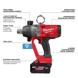 Image of an M18 FUEL™ 1" High Torque Impact Wrench w/ ONE-KEY™. The wrench has a red and black design and features an adjustable handle, integrated lanyard loop, LED light, Powerstate™ brushless motor, 4-mode customizable drive control™, and battery isolator. Torque specifications and anvil type are labeled.
