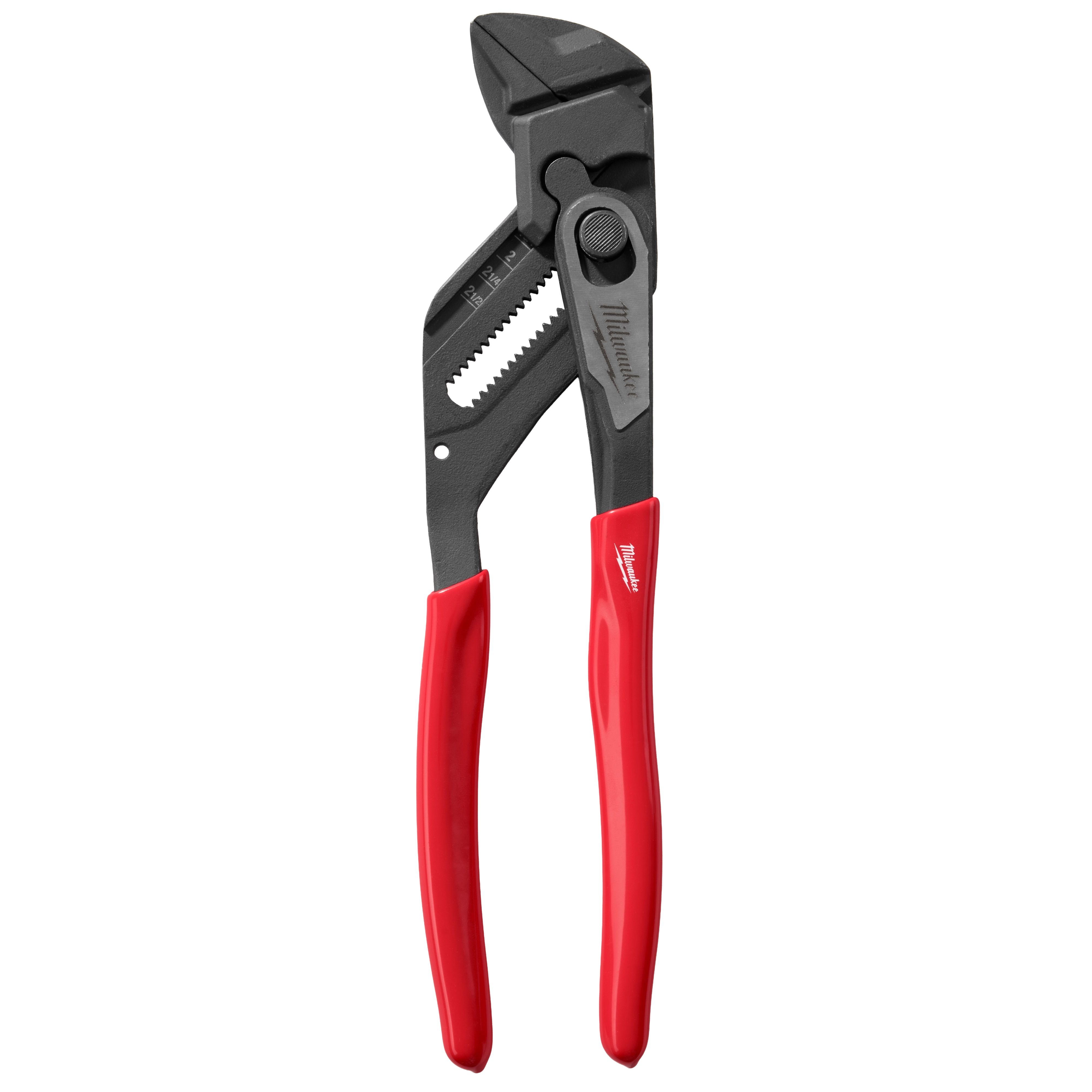 The 10" Pliers Wrench features a black adjustable jaw and handles with red, non-slip grips for secure usability. The tool includes measurement markings on the jaw for precise adjustments.