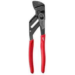 The 10" Pliers Wrench features a black adjustable jaw and handles with red, non-slip grips for secure usability. The tool includes measurement markings on the jaw for precise adjustments.