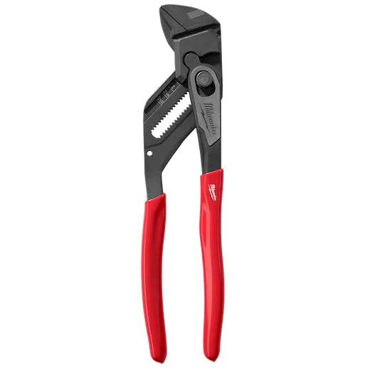 The 10" Pliers Wrench features a black adjustable jaw and handles with red, non-slip grips for secure usability. The tool includes measurement markings on the jaw for precise adjustments.