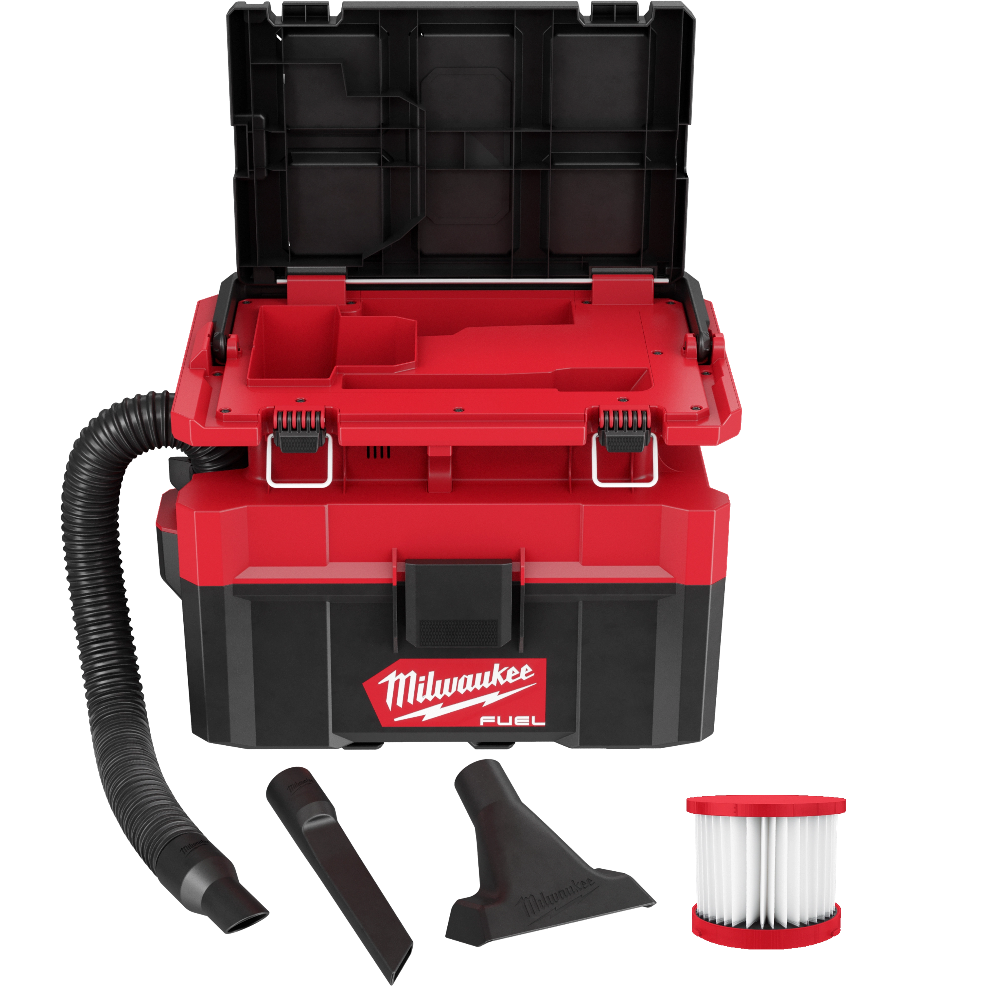 M18 FUEL 2.5 Gallon Wet/Dry Vacuum w/ PACKOUT Compatibility with hose, two nozzles, and a filter in front.
