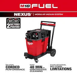 The M18 FUEL™ NEXUS™ 12 Gallon Dual-Battery Wet/Dry Vacuum Kit features a red and black design with two batteries included, enabling over 40 minutes of continuous cleaning. It delivers corded performance without the limitation of cords, suitable for various cleaning tasks.