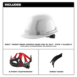 The image shows the BOLT™ White Front Brim Vented Hard Hat w/6pt Ratcheting Suspension (USA) - Type 1, Class C. The top part displays the hard hat, while the bottom part showcases its components: a 6-point suspension and a sweatband. The text indicates the hard hat is available in additional colors/styles.