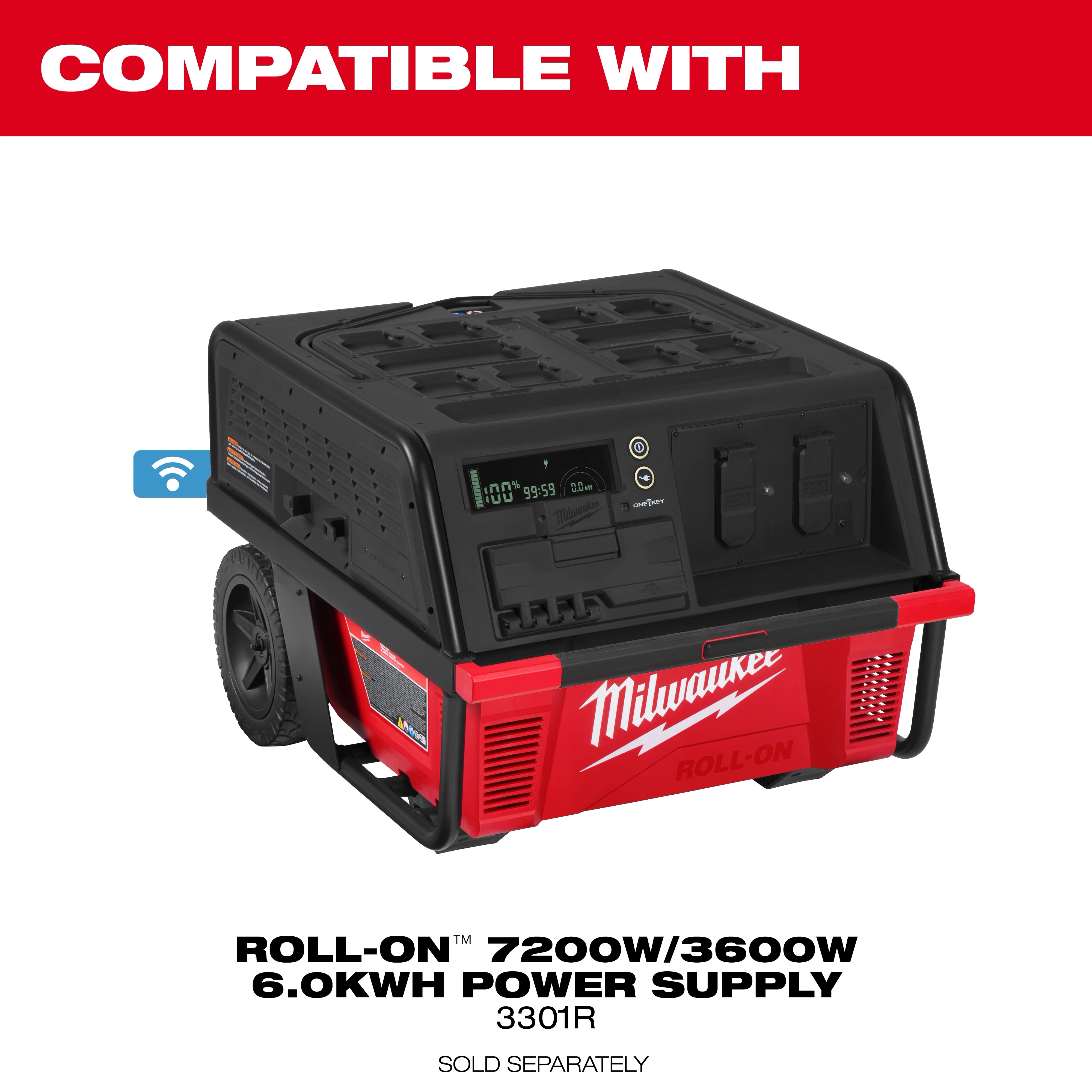 ROLL-ON 7200W/3600W 6.0kWh Power Supply Cover shown on a wheeled power supply unit.