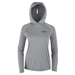 This image shows the Women's WORKSKIN™ Hooded Sun Shirt in gray. It features long sleeves, a hood, and the Milwaukee logo on the chest. The fabric appears lightweight and fitted, designed for sun protection and comfort.