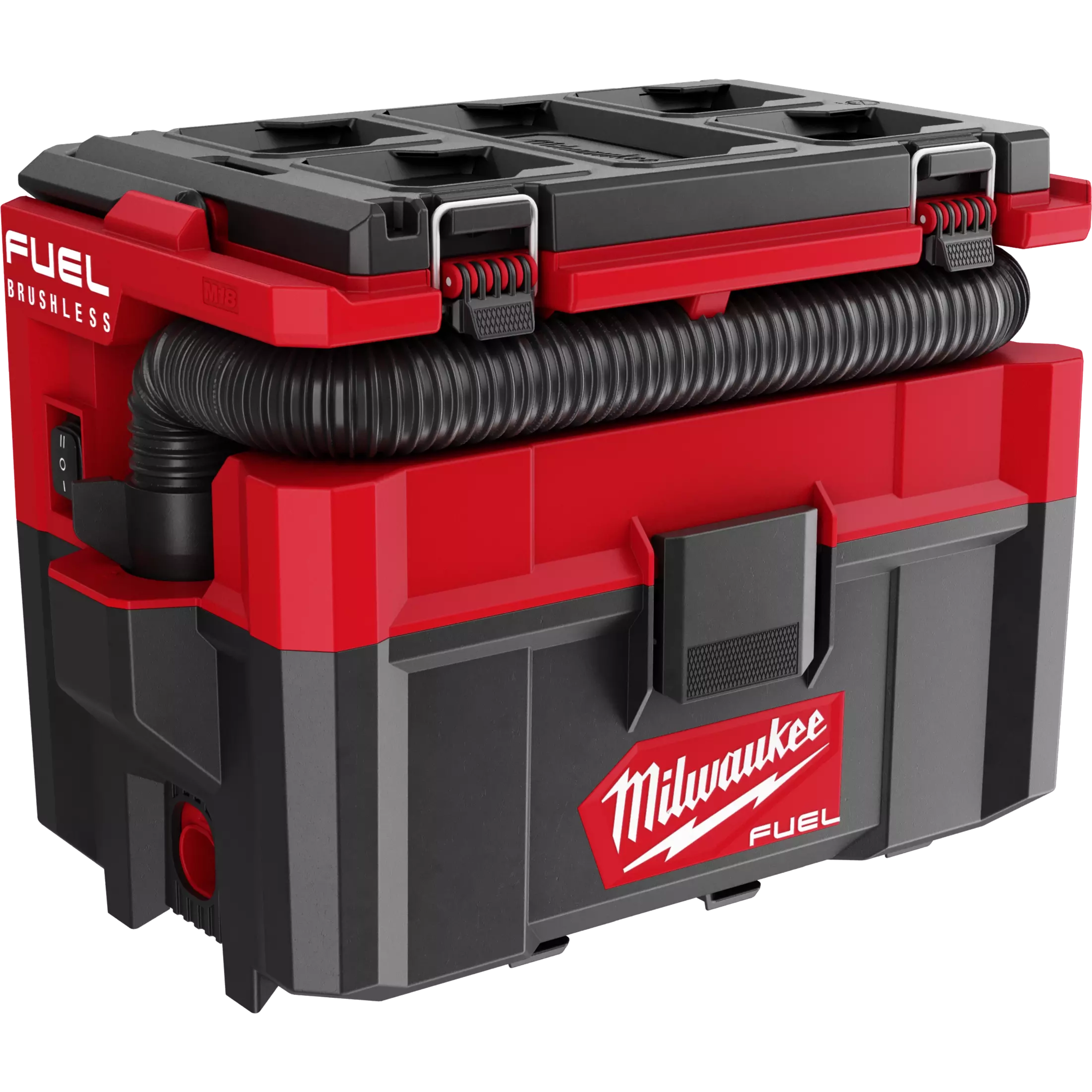 Milwaukee M18 FUEL PACKOUT 2.5 Gallon Wet/Dry Vacuum in red and black, with flexible hose stored on top, secured by red latches.