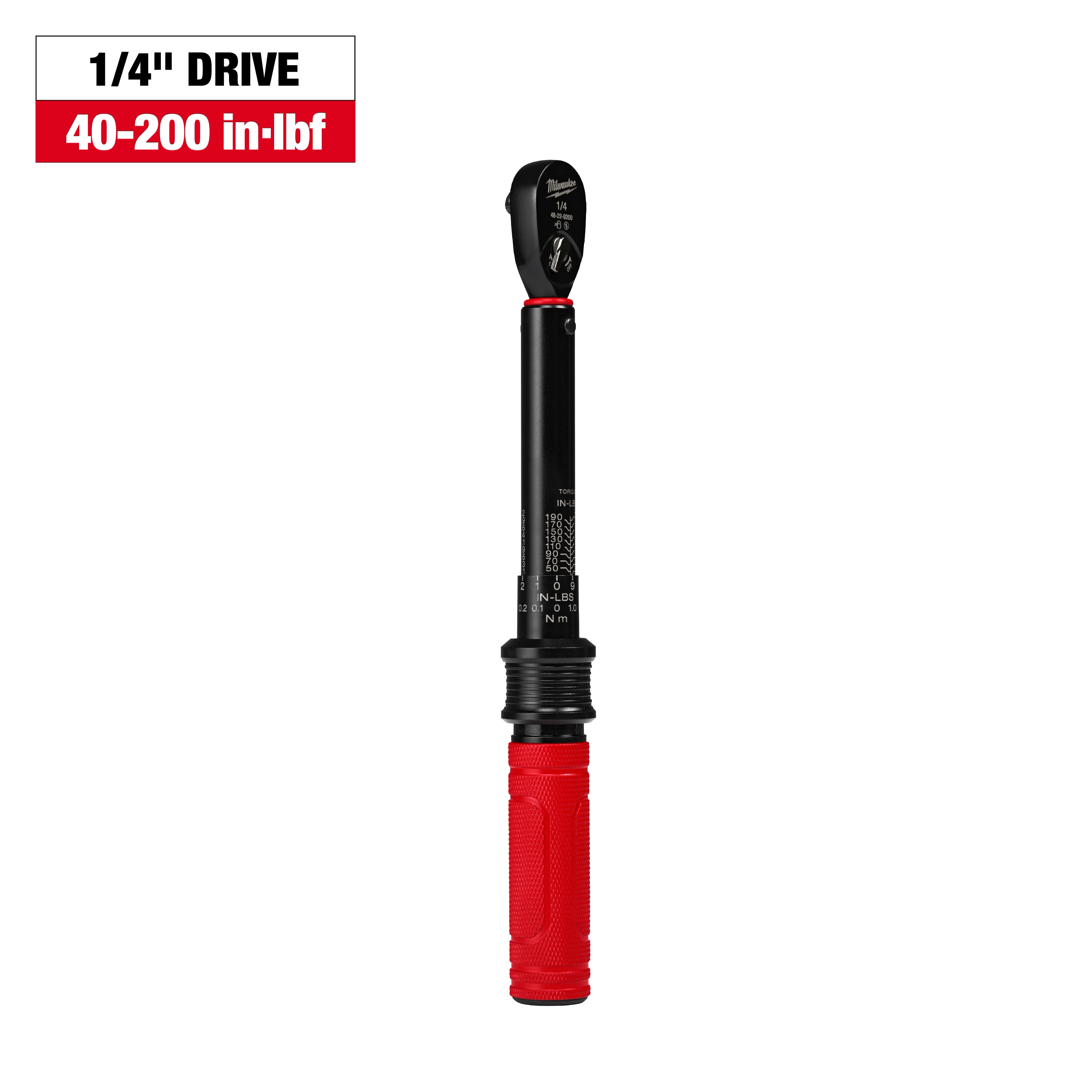 1/4” Drive Click Torque Wrench with 40-200 in·lbf range, featuring a black handle with red grip and adjustment markings on the shaft.