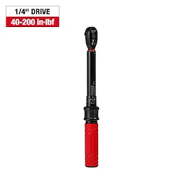 1/4” Drive Click Torque Wrench with 40-200 in·lbf range, featuring a black handle with red grip and adjustment markings on the shaft.
