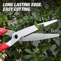 10” Hedge Shears​ with red handles cutting green hedge branches, text reads LONG LASTING EDGE. EASY CUTTING.