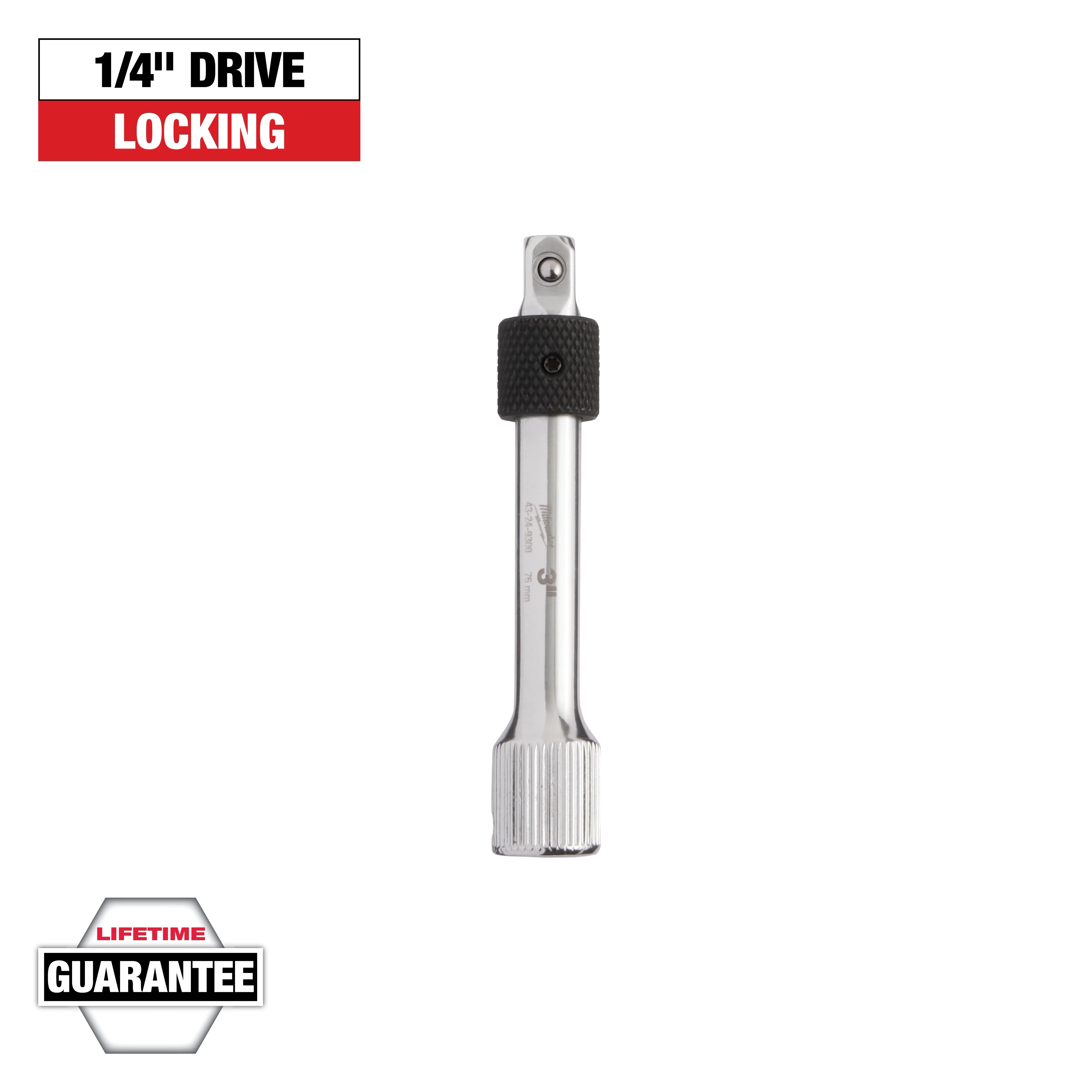 The image shows a 1/4" drive locking extension bar. The top left corner has the text "1/4'' DRIVE LOCKING" on a red and white background. The bottom left corner features a "Lifetime Guarantee" emblem. The tool appears metallic with a textured grip.