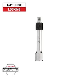 The image shows a 1/4" drive locking extension bar. The top left corner has the text "1/4'' DRIVE LOCKING" on a red and white background. The bottom left corner features a "Lifetime Guarantee" emblem. The tool appears metallic with a textured grip.