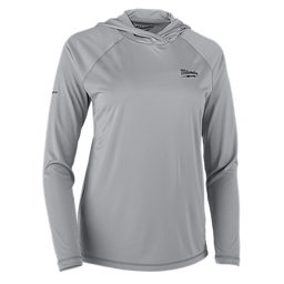 The image shows a Women's WORKSKIN™ Hooded Sun Shirt in gray. It is a long-sleeve hooded shirt made from lightweight, breathable fabric. The shirt features the Milwaukee logo on the left chest and is designed for sun protection.