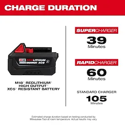 M18 REDLITHIUM HIGH OUTPUT XC5 Resistant Battery Pack shown with charge duration times for three charger types.