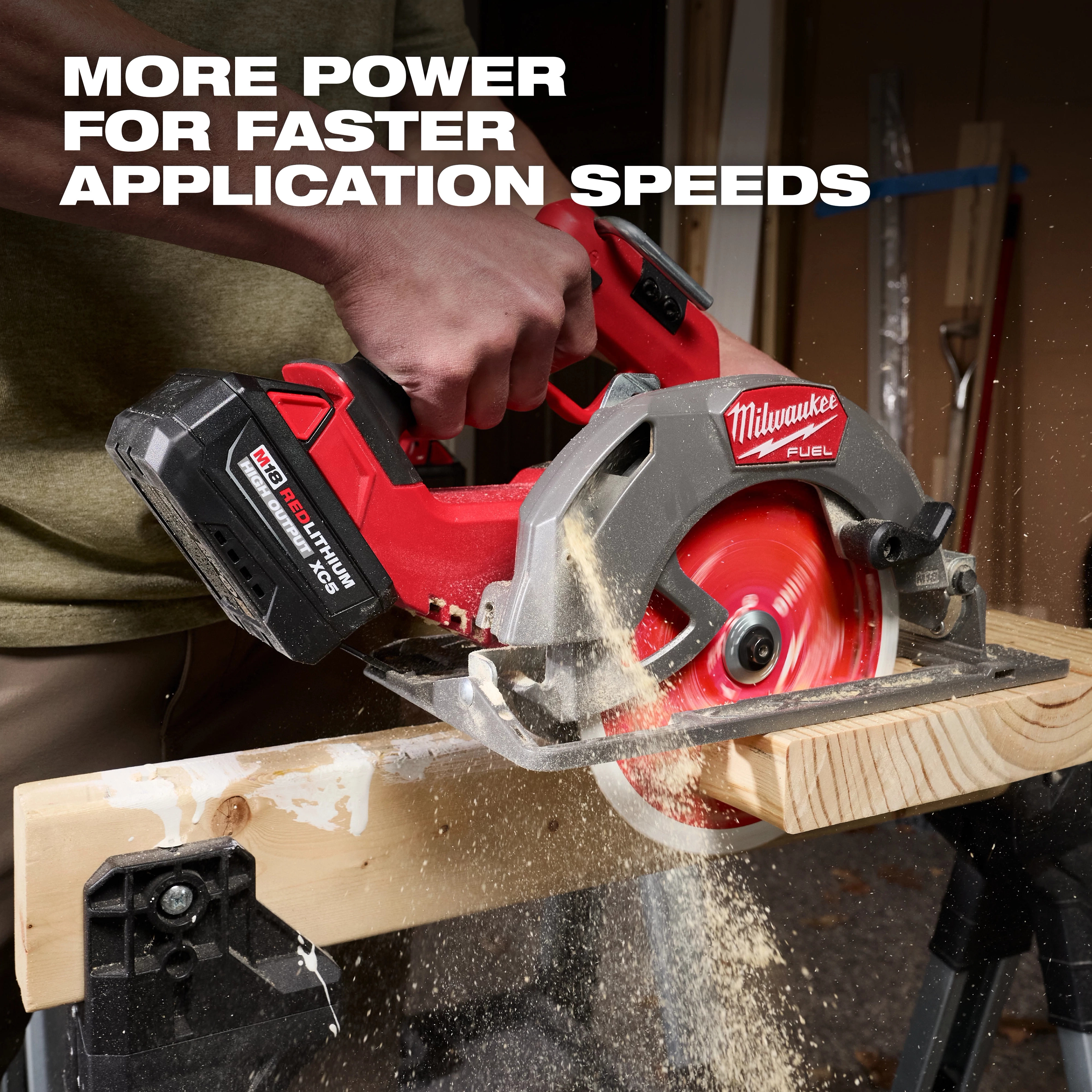 M18 REDLITHIUM HIGH OUTPUT XC5 Battery Pack powering a circular saw cutting a wooden board.