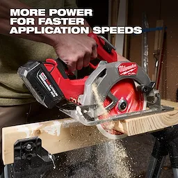 M18 REDLITHIUM HIGH OUTPUT XC5 Battery Pack powering a circular saw cutting a wooden board.