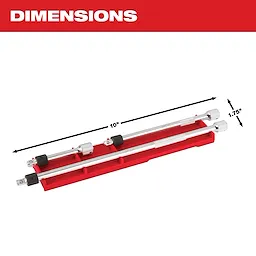 The image shows a red tool holder with dimensions labeled as 10 inches in length and 1.75 inches in width. The holder contains two silver extension bars with black grips and end sockets. The word "DIMENSIONS" is written in bold white letters on a red background at the top.