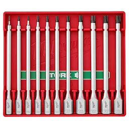The 11pc 1/4” and 3/8” Drive Long TORX® Bit Socket Set is displayed in a red organizer case. The set includes eleven assorted TORX® bit sockets, each labeled with its size, ranging from T8 to T50.