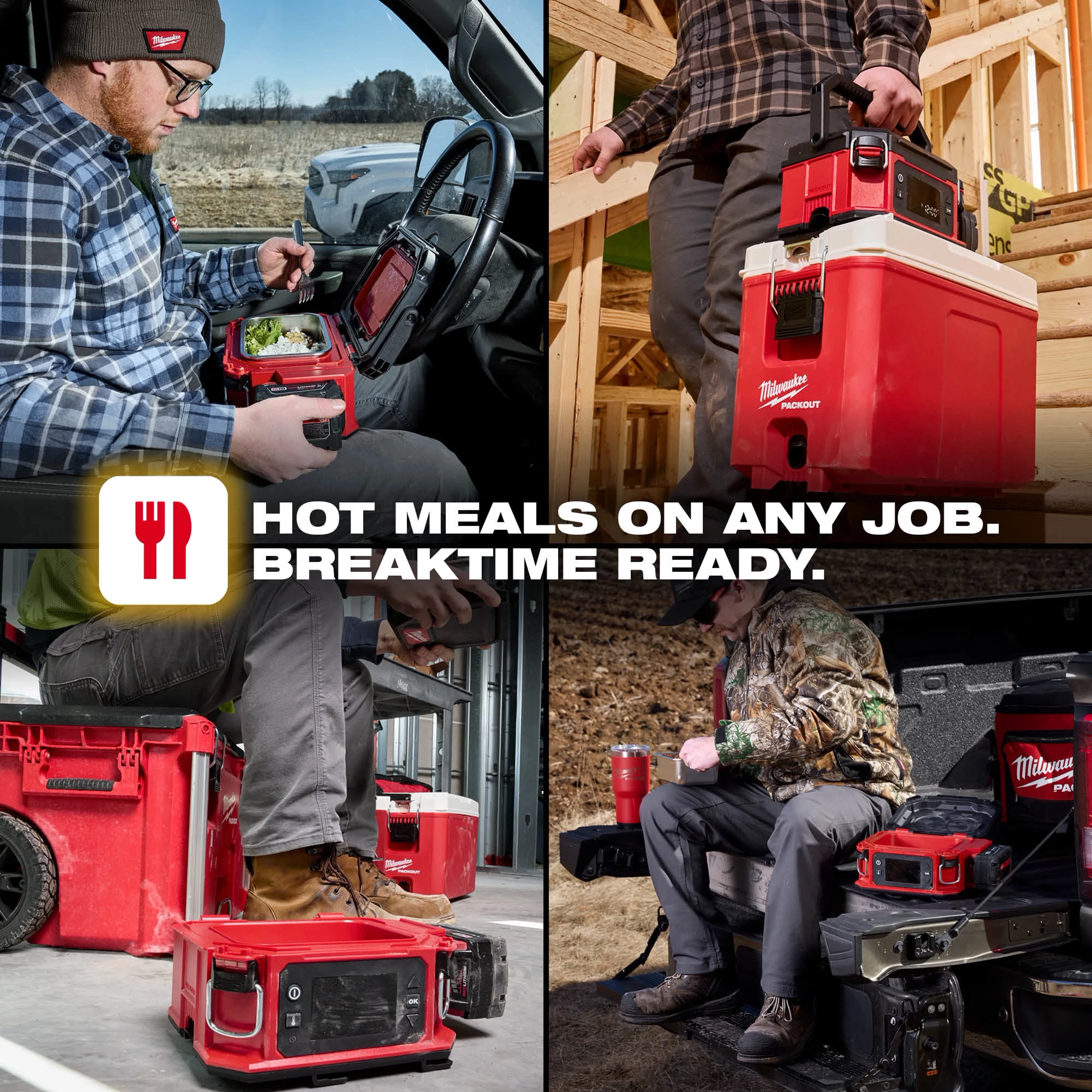 Workers use the red M18 Jobsite Lunch Warmer in trucks, workshops, and outdoor jobsite settings.