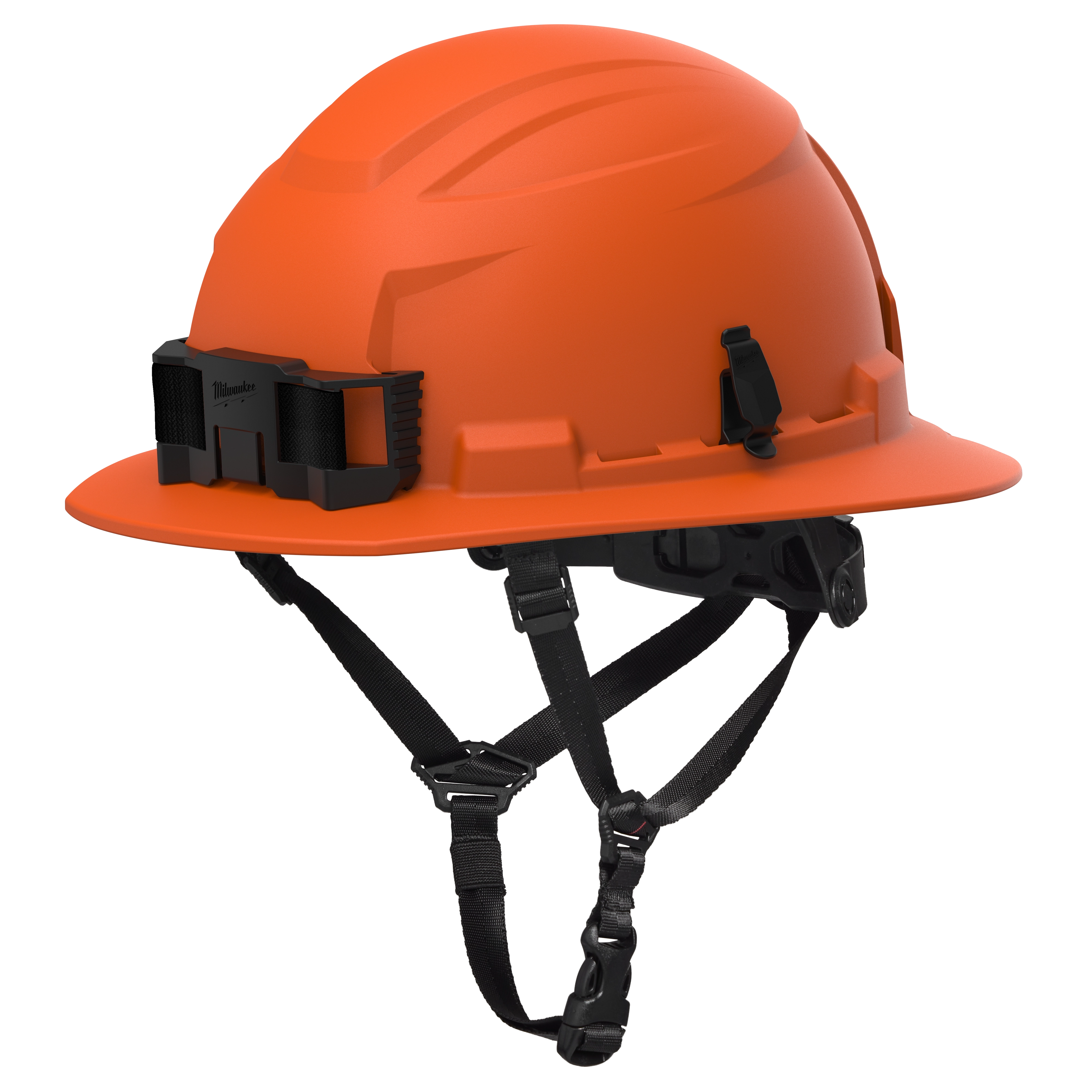 BOLT™ Safety Orange Full Brim Safety Helmet – Type 2, Class E features a high-visibility orange shell, full brim, adjustable chin strap, and built-in accessory mounts. Designed for enhanced safety and comfort in construction and industrial settings.