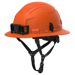 BOLT™ Safety Orange Full Brim Safety Helmet – Type 2, Class E features a high-visibility orange shell, full brim, adjustable chin strap, and built-in accessory mounts. Designed for enhanced safety and comfort in construction and industrial settings.