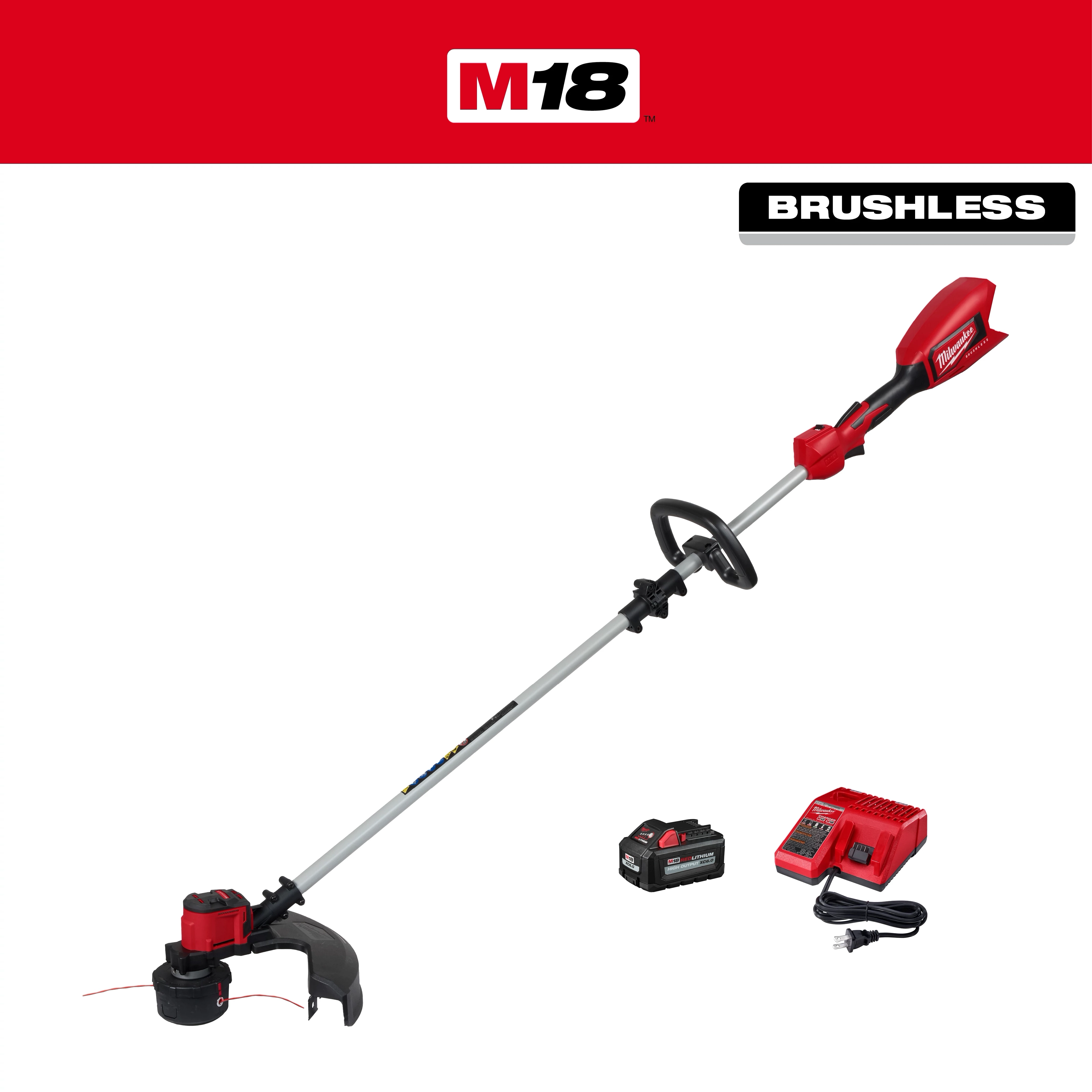 The M18 Brushless String Trimmer is shown with a battery and charger. The trimmer has a long shaft with a guard at the cutting head, a loop handle near the middle, and a red motor casing at the back.